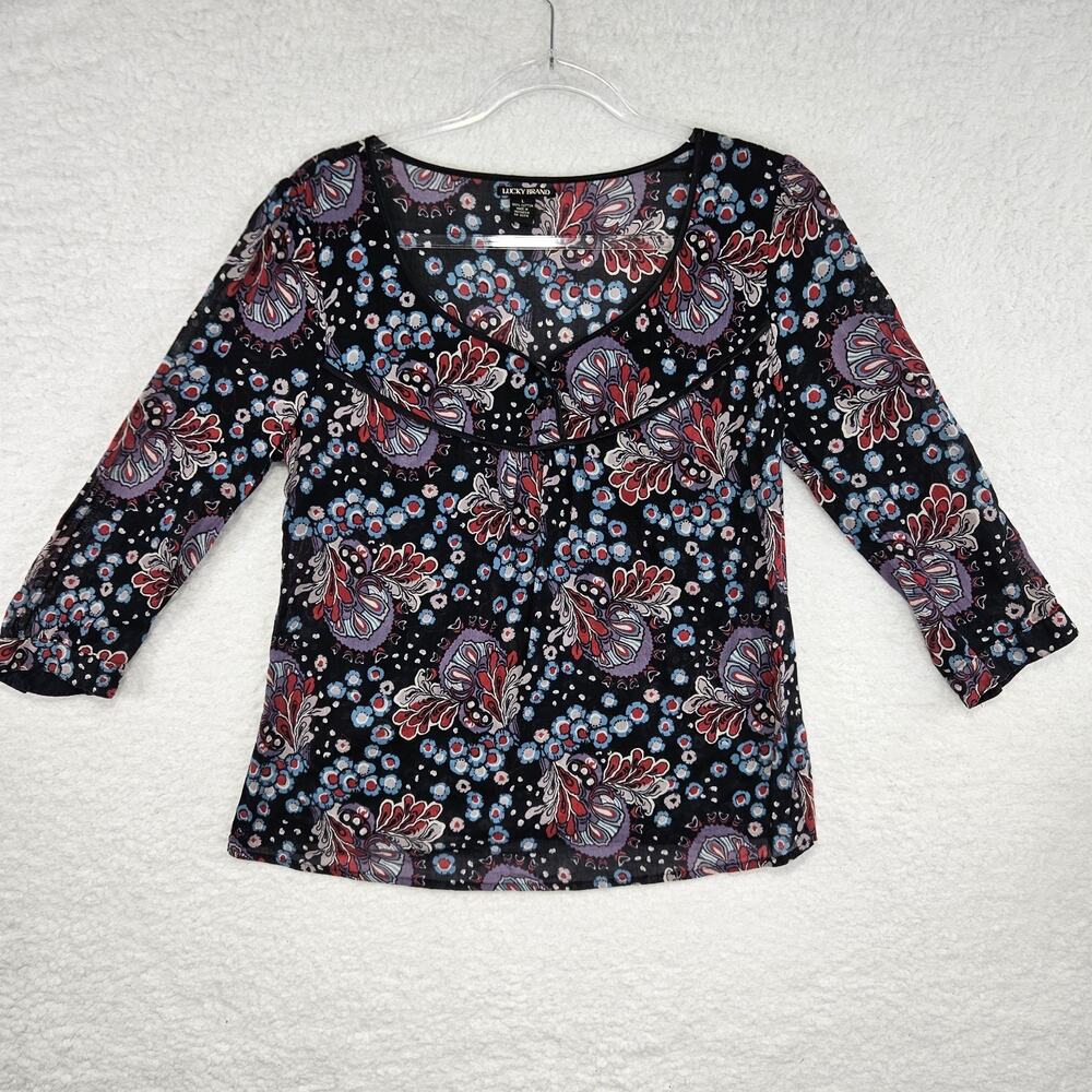 Lucky Brand 100% Cotton Black Floral Semi-Sheer 3/4 Sleeve Peasant Boho Blouse L